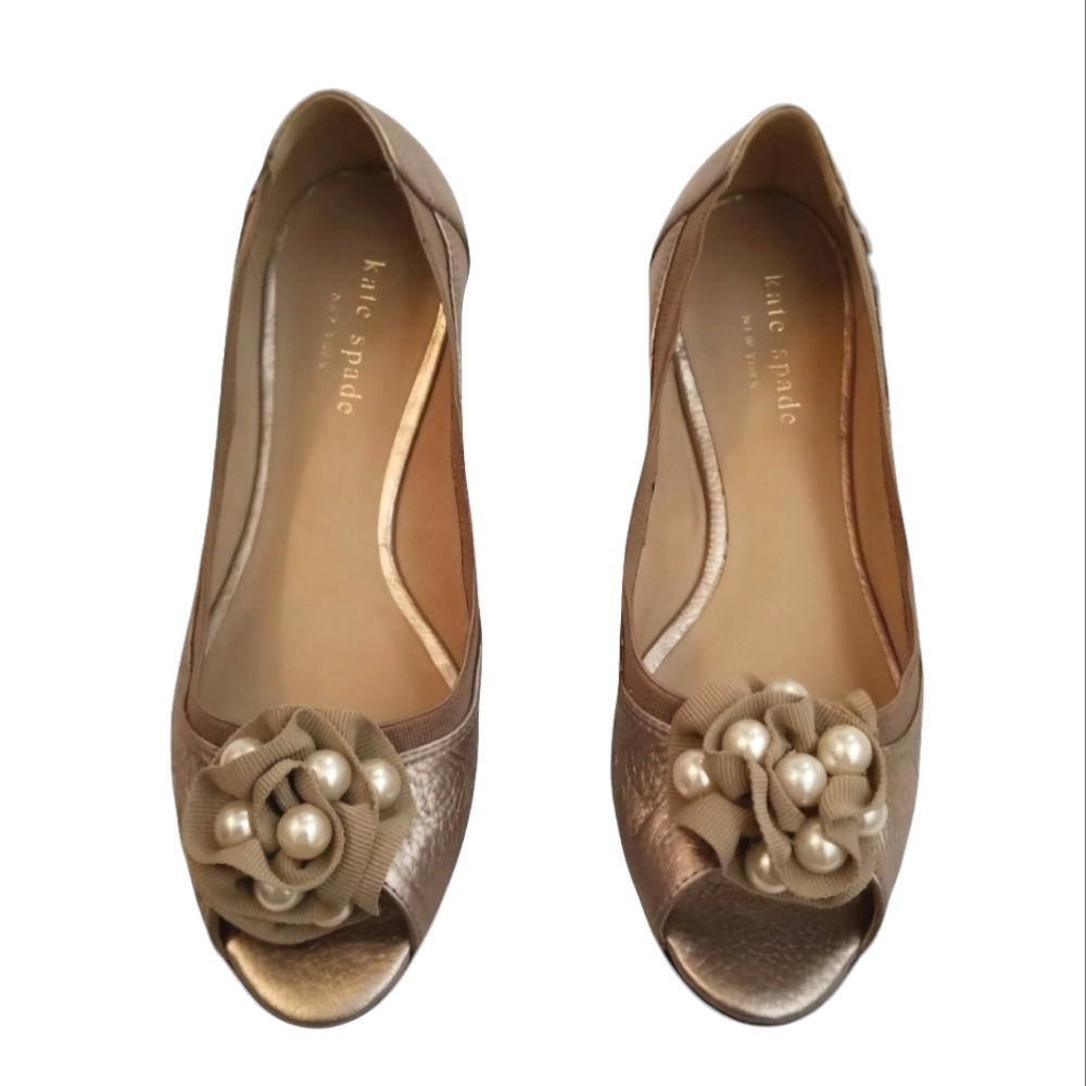 Kate Spade Ballet Flats Size 6 Gold Metallic Leather Pearl Flower Peep Toe